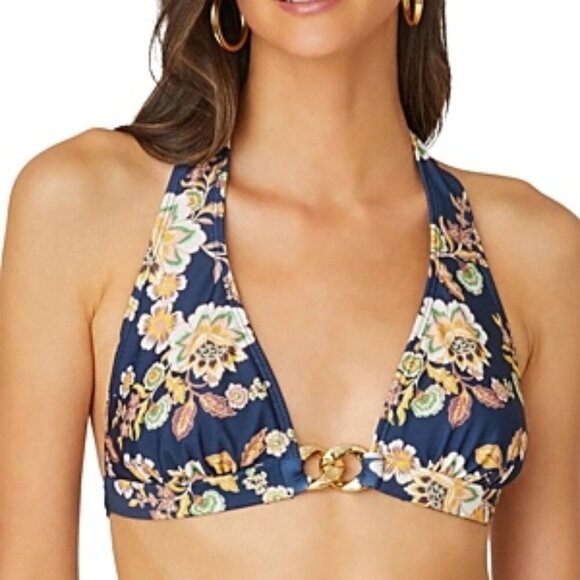 Shoshanna Printed Chain Embellished Halter Bikini Top Size L Navy Blue - Picture 1 of 1